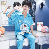 Doraemon children's pajamas boys' short sleeve long pants big children's high-end mulberry silk boys' home clothing summer fashion