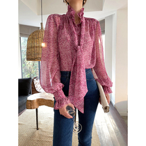 Aconiconi | temperament floral shirt womens spring Style French design sense standing collar wood ear lantern sleeve top