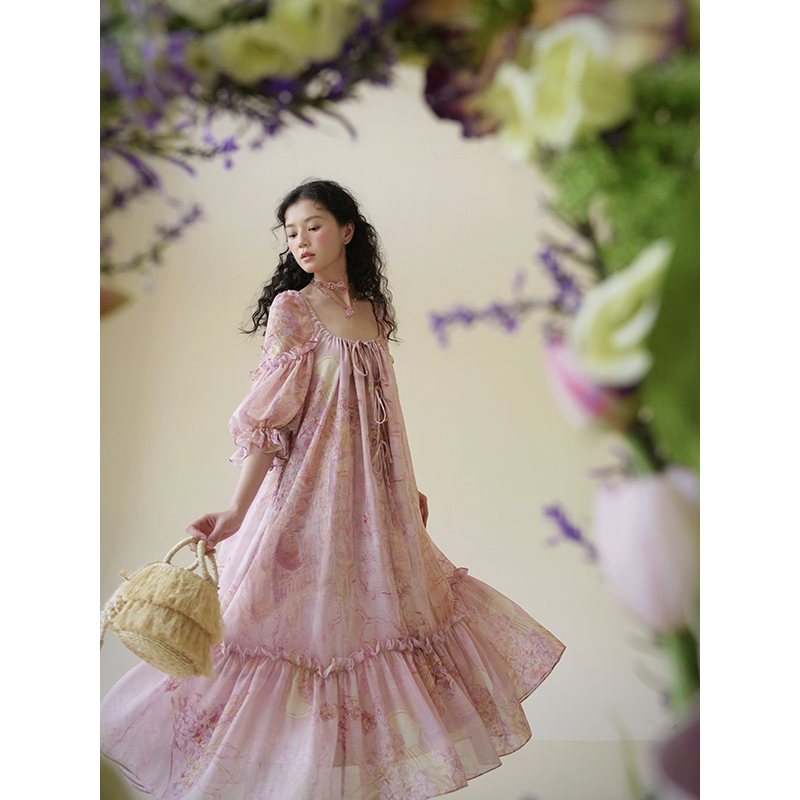 Aconiconi｜Yingxu French Romantic Print Sweet and Girly Lazy Seaside Vacation Style Flared Dress