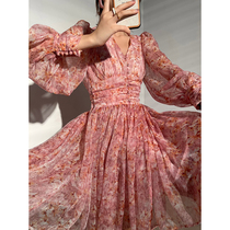 Aconiconi | gentle French coffee break dress early autumn new waist temperament V-neck puff sleeve printed short skirt