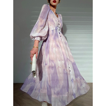 Aconiconi | custom ink print French coffee break dress autumn new temperament waist v neck midi skirt