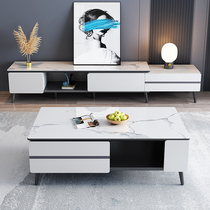 Modern minimalist rock plate heat resistant tea table retractable TV cabinet Living room Home White square ground cabinet Small family Type