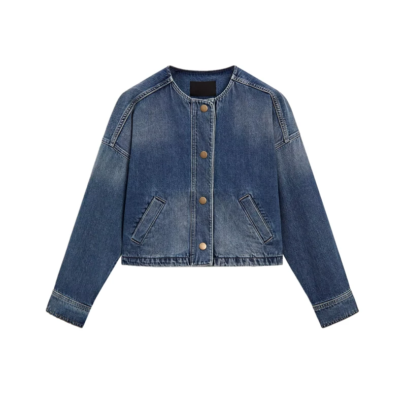 Retro blue short denim jacket with a round collar