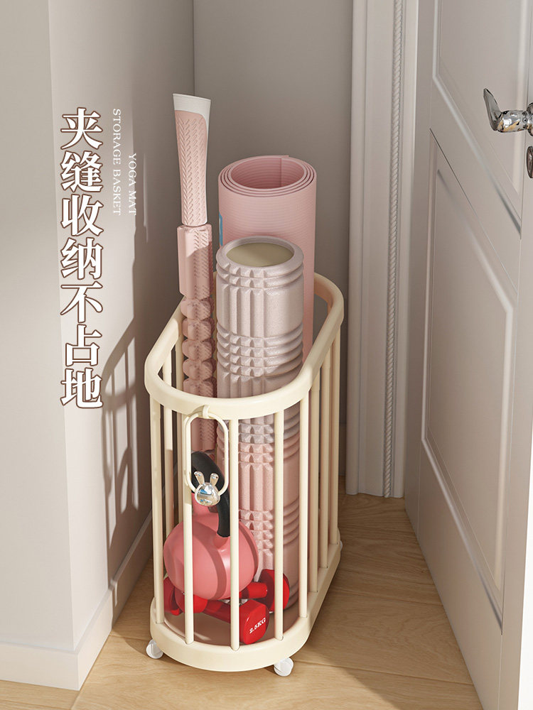 Yoga Mat Storage Basket with Wheels for Home Use, Sports Equipment Organizer for Badminton Rackets, Fitness Equipment Storage Rack