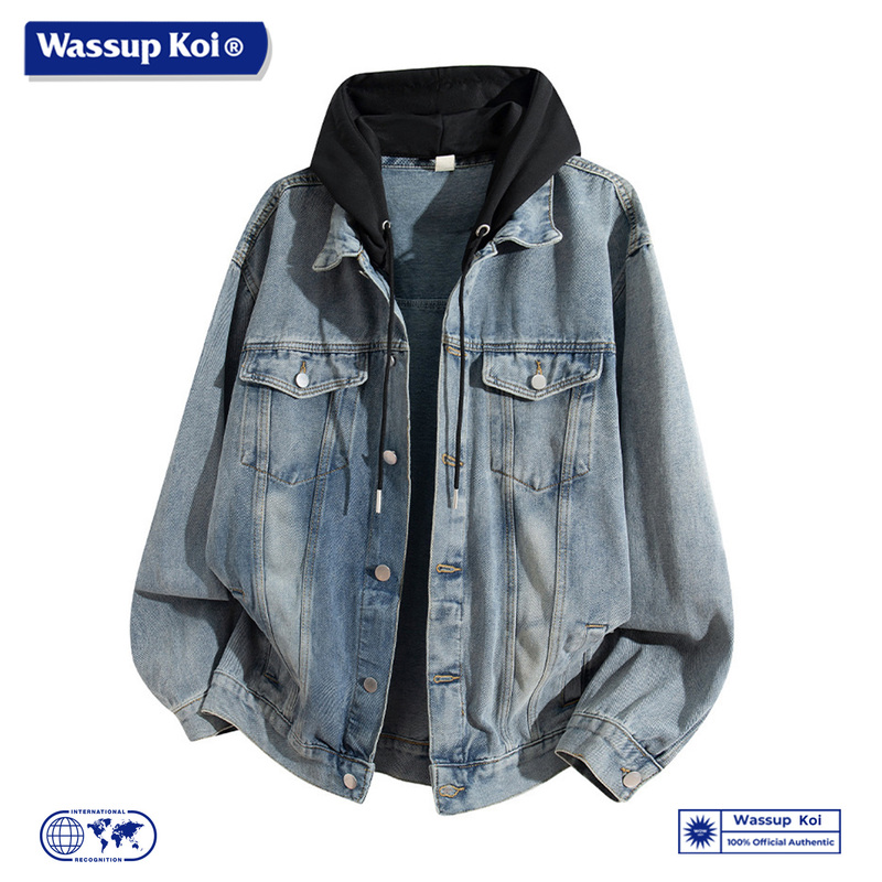 Wassup Koi Co-Branded Fake Two-Piece Hooded Denim Jacket for Men, Loose Casual Jacket, Trendy High Street Style Top