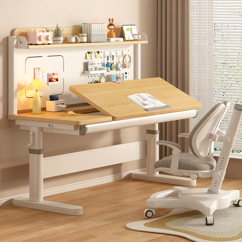 Baiyinmu Children's Study Desk, Primary School Students' Home Adjustable Writing Desk, Bookshelf, Flip-Top Desk Set, Solid Wood Desk