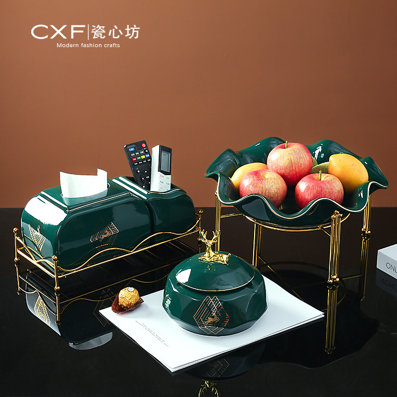 Nordic light luxury style ceramic fruit plate creative modern living room coffee table ornament three pieces set European luxury high-end