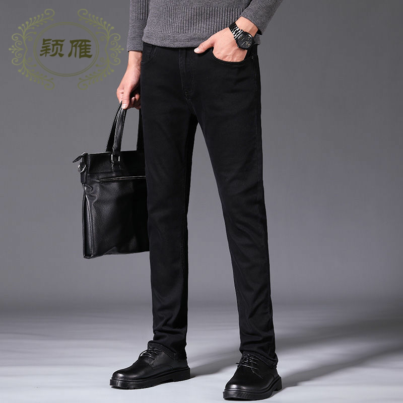 Pure black jeans Men's autumn winter new elastic workout straight barrel men's trousers casual loose plus velvet pants thick