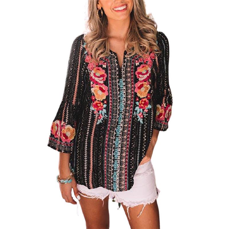 European and American Style Street Fashion Women's Summer New Amazon Wish Hot-Selling Loose Printed T-Shirt Long-Sleeve V-Neck Shirt for Women Trendy