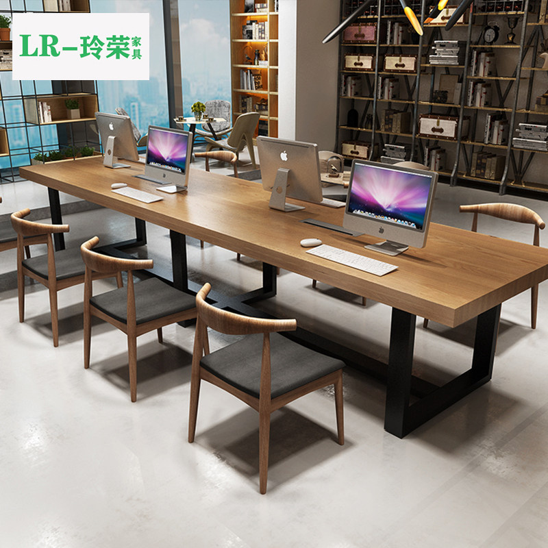Italian modern simple solid wood iron conference table minimalist office long table reception negotiation large board table and chair combination