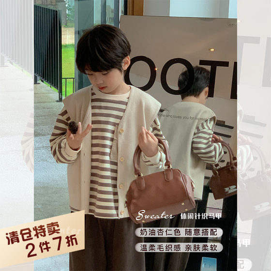 
Shrimp sauce Mama boy sweater vest spring and autumn clothing 2025 new boy vest fashionable solid color children's knitted sweater