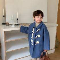 Shrimp paste hemp boys woolen coat autumn and winter 2023 new horn button baby fashionable childrens woolen coat trendy