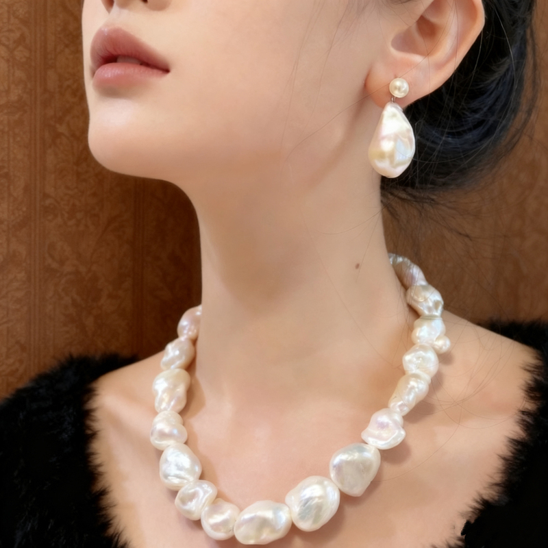 High-Quality Natural Freshwater Baroque Irregular Pearl Necklace with Strong Luster, Australian White Clavicle Chain and Earring Set for Gift Giving High-Quality Natural Freshwater Baroque Irregular Pearl Necklace with Strong Luster, Australian White Clavicle Chain and Earring Set for Gift Giving