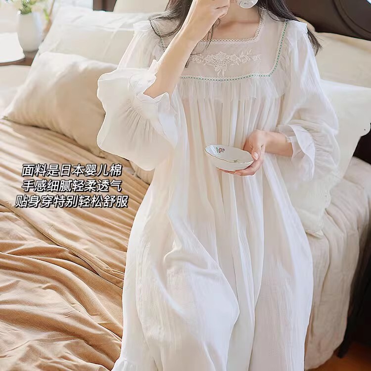 Japanese Gp Lace Princess Style Pure Cotton Long Nightgown Spring and Summer Palace Style White Long-Sleeved Pajamas Home Wear for Women