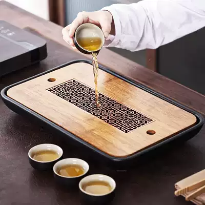 Heavy bamboo ceramic tea tray kung fu tea set simple Japanese bamboo small dry tea tray water storage and drainage tea table Tea Sea