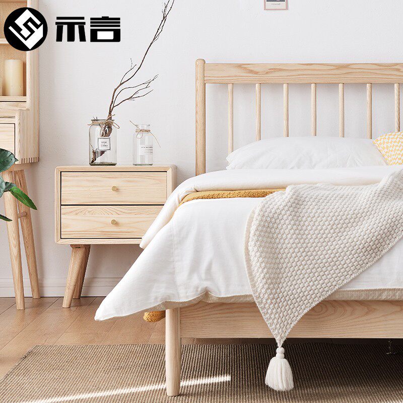 Nordic style white wax log bed 1 8 m modern minimalist double people's bed wedding day style 1 5m bedroom furniture 