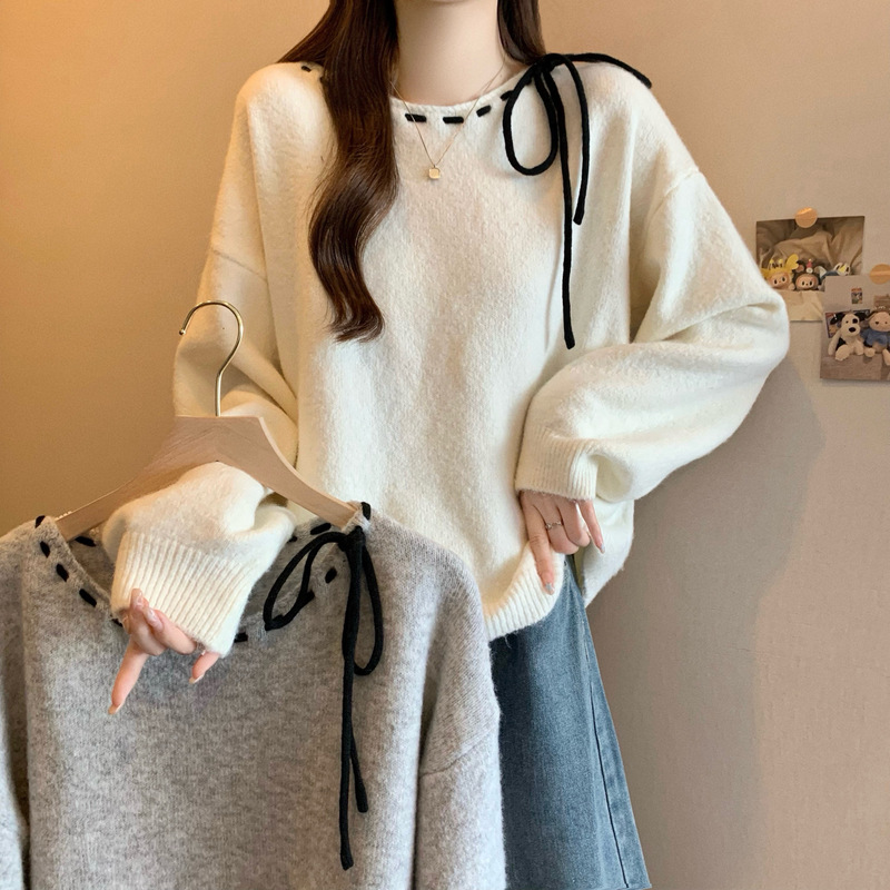 Commuting Korean-Style Loose Round-Neck Pullover Thin Sweater for Women, Autumn Lazy Style, Loose and Slimming Knit Top Commuting Korean-Style Loose Round-Neck Pullover Thin Sweater for Women, Autumn Lazy Style, Loose and Slimming Knit Top