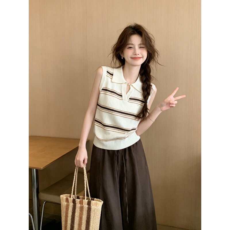 Korean-Style Striped Ice Silk Knitted Vest for Women, Summer Commuter Style, Youthful Slim-Fit Short Sleeveless Top Korean-Style Striped Ice Silk Knitted Vest for Women, Summer Commuter Style, Youthful Slim-Fit Short Sleeveless Top