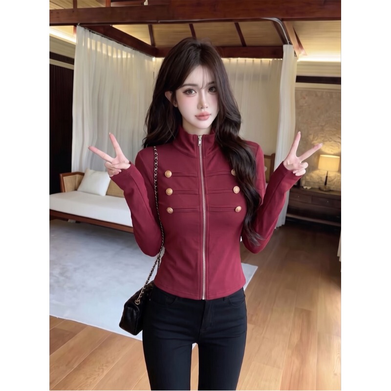 Retro Hot Girl Style Metal Buckle Long-Sleeved T-Shirt for Women, Autumn Hot Girl Style Stand-Up Collar Zipper Short Slim Fit Top Retro Hot Girl Style Metal Buckle Long-Sleeved T-Shirt for Women, Autumn Hot Girl Style Stand-Up Collar Zipper Short Slim Fit Top