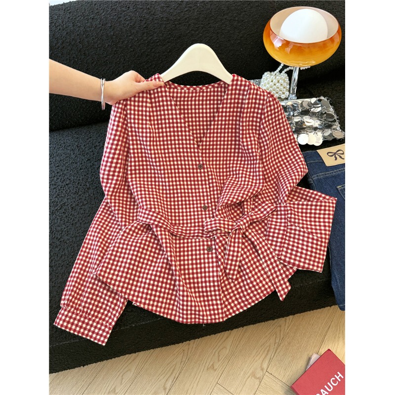 Elegant and Versatile Plaid V-Neck Long-Sleeve Shirt with Waist-Cinching Tie Design for Women, Autumn French Retro Slim-Fit Top