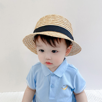 Baby straw hat summer boys and girls shade fisherman hat flat top hat baby hand-woven pot hat Korean version