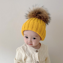 Baby hat real raccoon big fur ball boys and girls wool hat Korean children's knitted pullover hat tide
