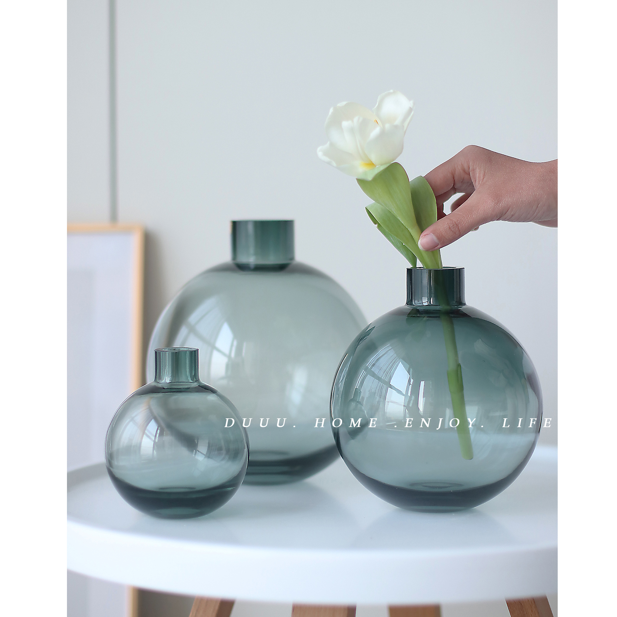 Nordic simple creative bubble glass vase round dark green fresh transparent hydroponic rose single flower arrangement