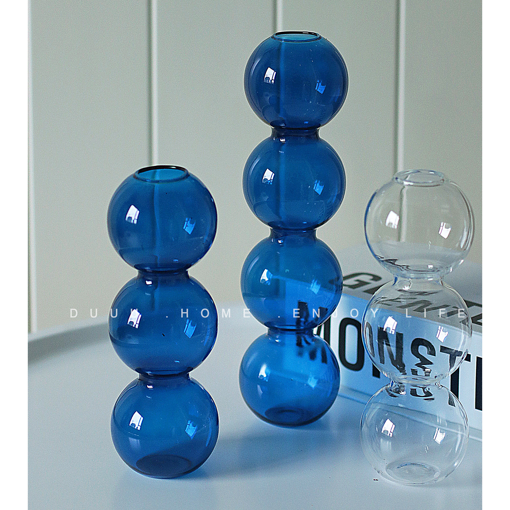 Nordic ins creative design sapphire blue sugar gourd glass bubble vase ball-shaped niche flower device soft decoration