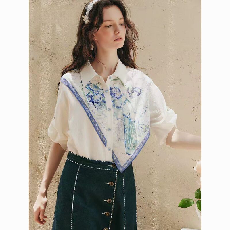 Van Gogh Art Cloud Kite Silhouette 2026 Summer New Printed Silk Scarf Patchwork Adjustable Rolled Hem Sleeve Shirt for Women Versatile Van Gogh Art Cloud Kite Silhouette 2026 Summer New Printed Silk Scarf Patchwork Adjustable Rolled Hem Sleeve Shirt for Women Versatile