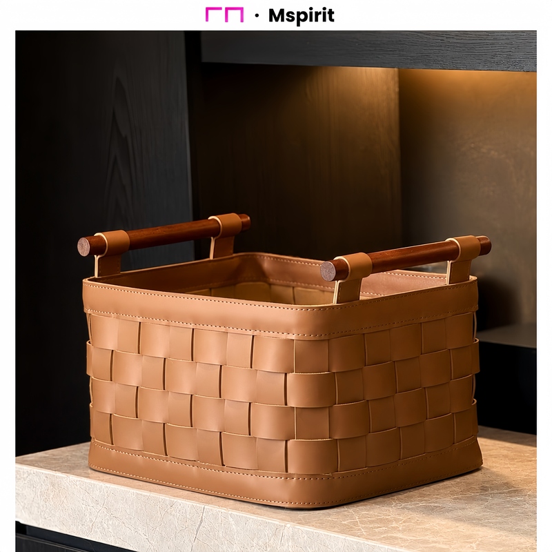 Ms｜Italian-Style Walnut Saddle Leather Woven Storage Basket Box for Clothes and Miscellaneous Items, Light Luxury Storage for the Dressing Room
