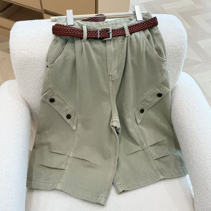 Summer Retro American Workwear Style Multi-Pocket Wide-Leg Pants Women's Cropped Pants Loose Casual Trousers Ss1921