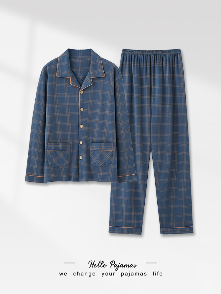 Fenteng Men's Pajamas Spring and Autumn Long Sleeve Pure Cotton Thin Plaid Cardigan Large Size Can Be Worn Outside Homewear Set