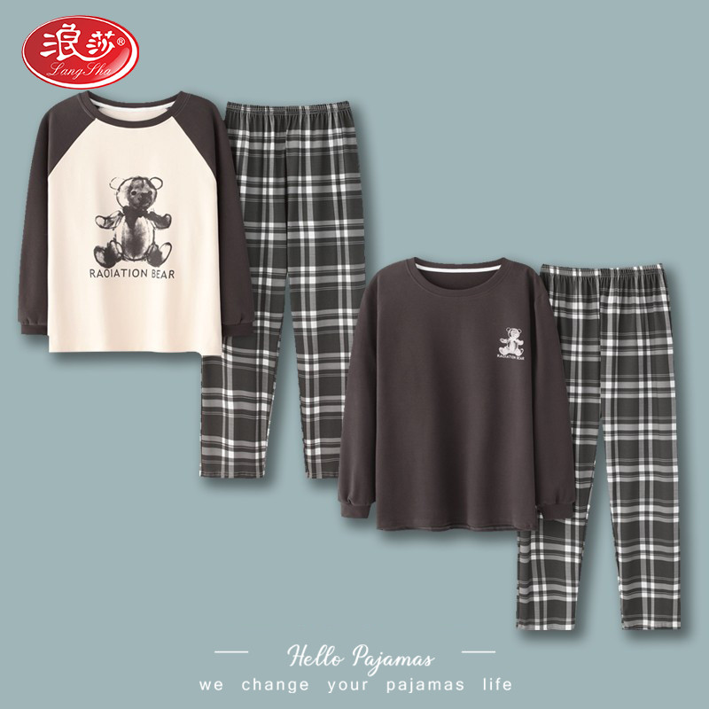 Sura lovers sleepwear spring and autumn with long sleeves pure cotton Korean version of cute female men's small bear family clothes all cotton extractable