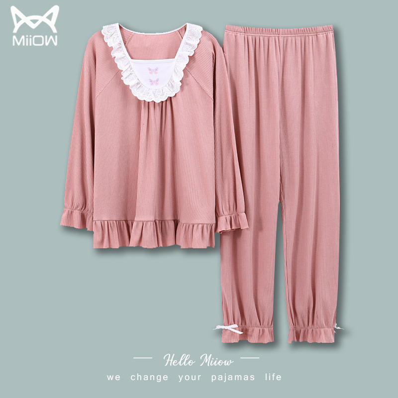 Cat person sleepwear women's spring autumn season pure cotton long sleeves 2022 new cute princess wind reduced age foreign pie suit autumn and winter