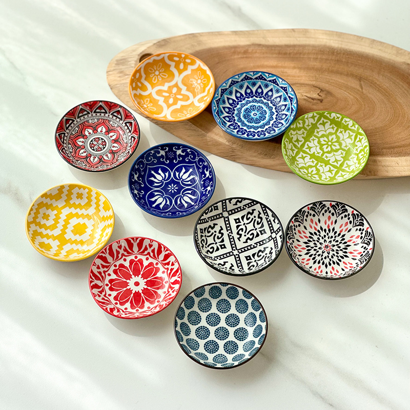 Ceramic Sauce Dish with Underglaze Color, Household Soy Sauce Dish, Pickled Vegetable Dish, Sauce Seasoning Vinegar Dish, Dipping Sauce Small Dish, Bohemian Style