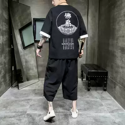 Linen short sleeve men's T-shirt Chinese style cotton linen suit men's summer Tang suit Chinese fashion loose two-piece Men's