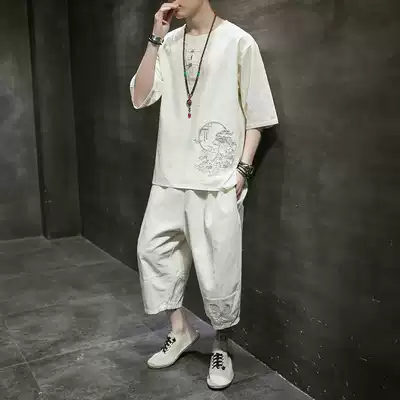 Linen short-sleeved five-point sleeve men's T-shirt suit Summer Chinese style men's Tang suit Han Suit Embroidered lay meditation suit