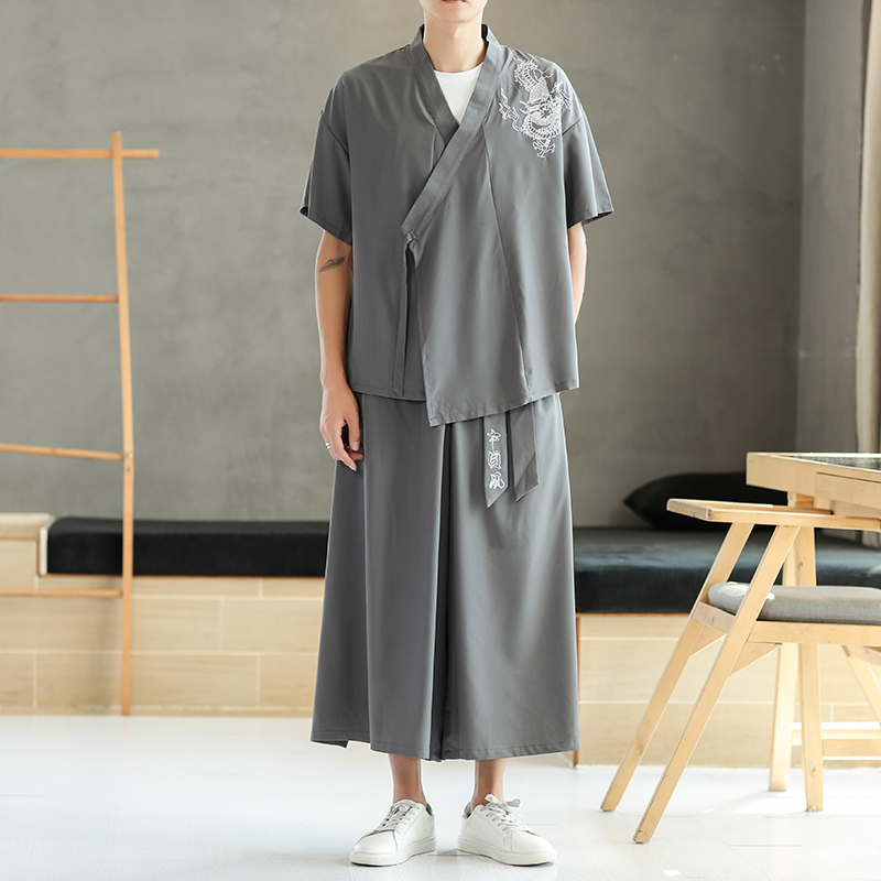 Middle Country Wind Suit Large Size Code Hanfu Men's Summer Ancient Wind Fairy dragon grain embroidered Tangdress blouse with broad leg pants set of tide