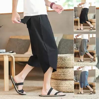 Chinese style linen shorts trend three-point pants men's thin summer loose casual large size fat wide leg beach pants