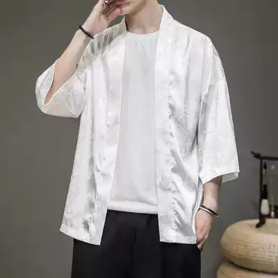 Chinese style large size clothes men's short-sleeved ice silk thin summer sunscreen windbreaker loose retro Hanfu cloak Taoist robe