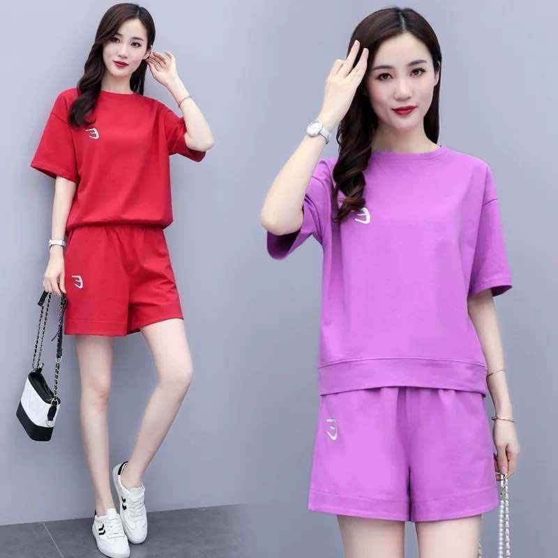 Plus Size Women's Loose, Fashionable and Casual Sports Suit, New Summer Korean Style Running Short-Sleeved Shorts Two-Piece Set Plus Size Women's Loose, Fashionable and Casual Sports Suit, New Summer Korean Style Running Short-Sleeved Shorts Two-Piece Set