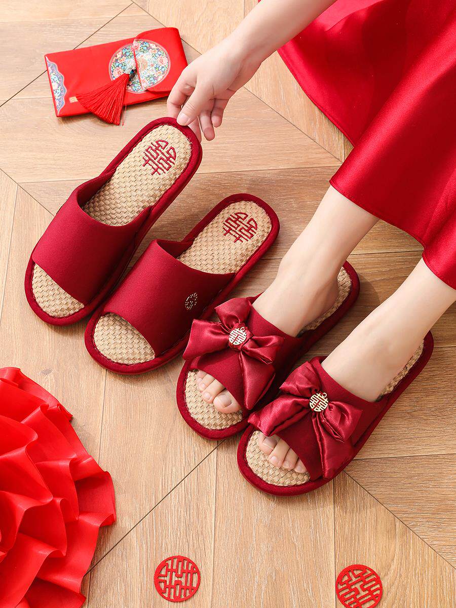 Wedding slippers high-end newlywed couple linen style bride and groom dowry festive red pair summer light luxury