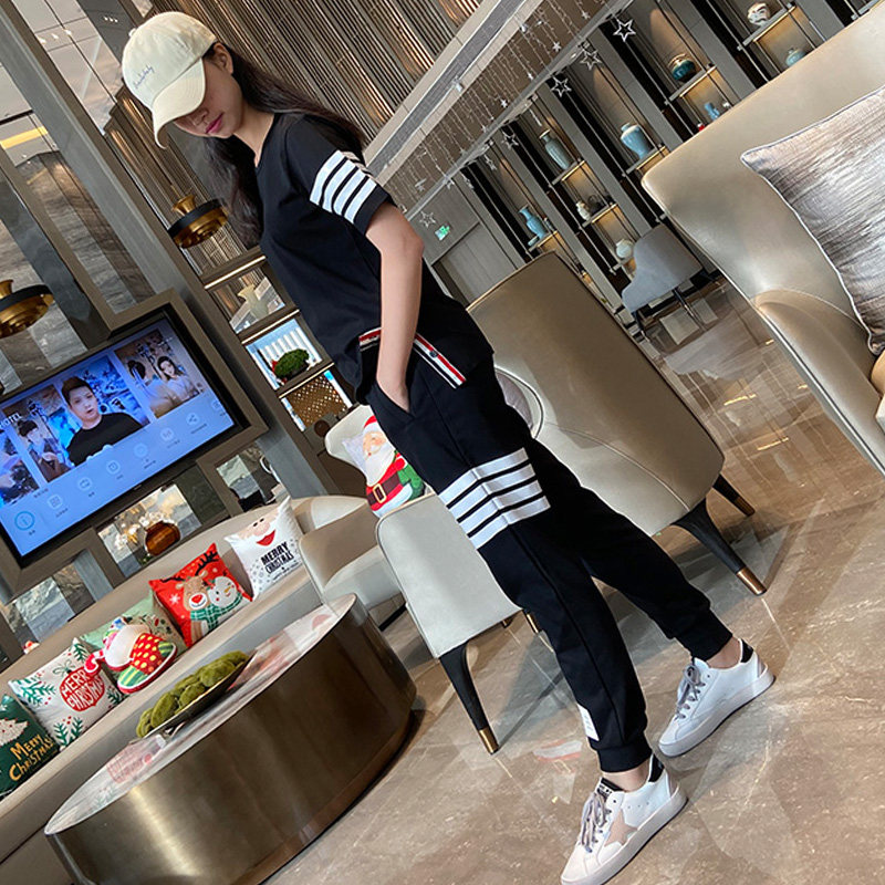 Long trousers short-sleeved tide brand Western-style sportswear suit female summer loose couple models Korean fashion four-bar two-piece suit