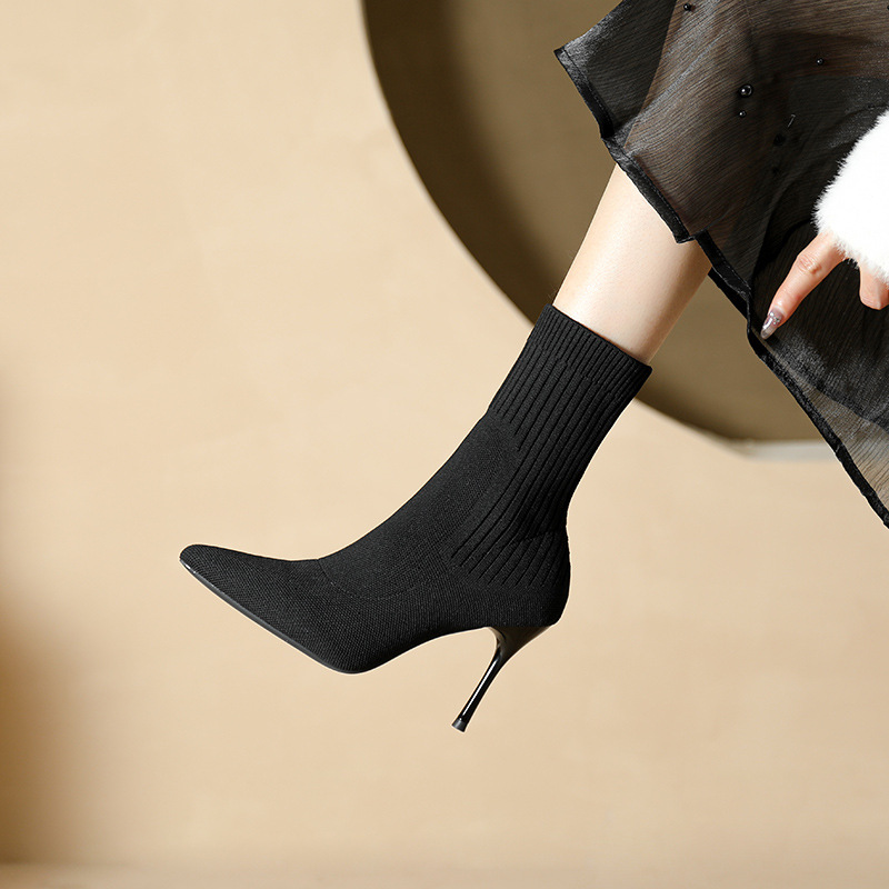 Transvestite High Heels, Large Size, Autumn and Winter New Style, European and American Fashion Pointed Toe Short Boots, Women's Stiletto Mid-Calf Fly-Knit High-Heeled Boots