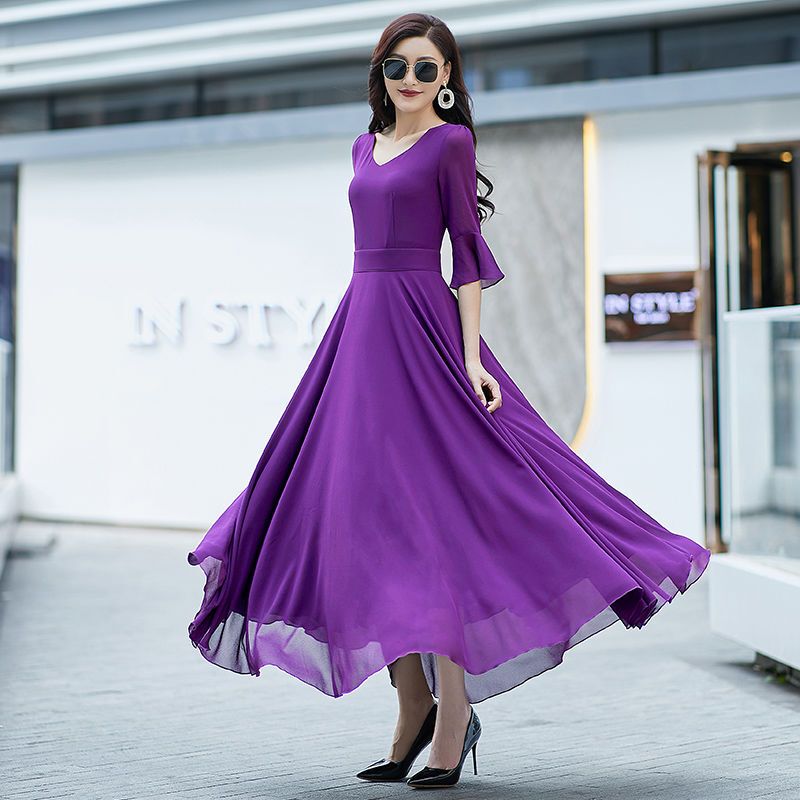 Mid-Length Chiffon Dress with a Large Hem, Waist-Cinching, Slimming, Plus-Size, Over-The-Knee Long Dress, Beach Vacation, Square Dancing Long Dress Mid-Length Chiffon Dress with a Large Hem, Waist-Cinching, Slimming, Plus-Size, Over-The-Knee Long Dress, Beach Vacation, Square Dancing Long Dress