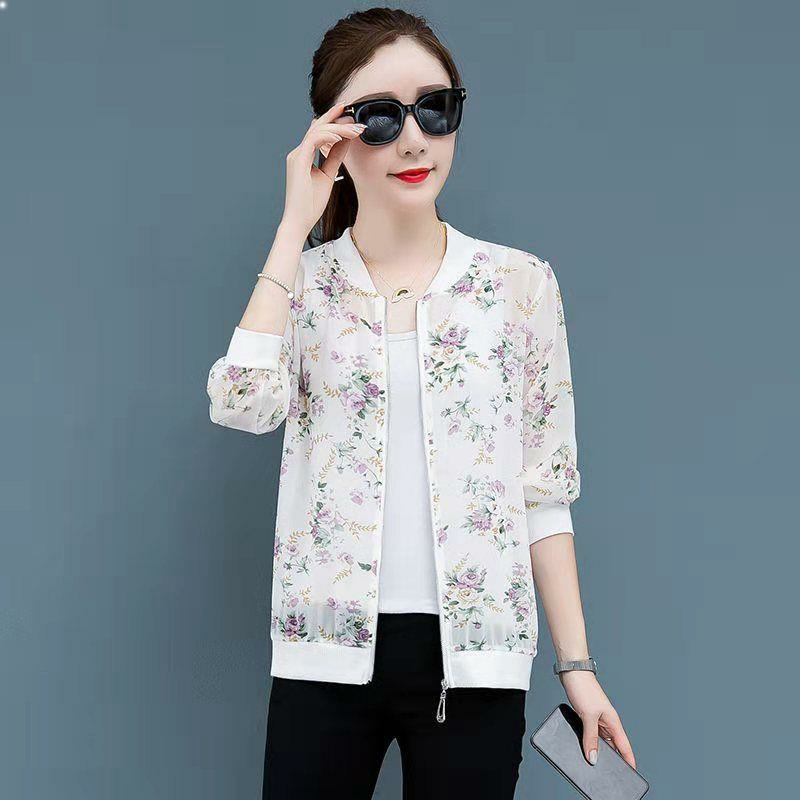 Sunscreen clothing women's summer thin tops 2023 new Korean version of chiffon printed baseball uniform loose large size short coat