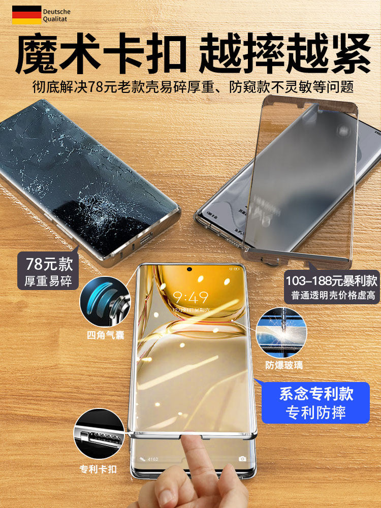 Suitable for Huawei P50 Pro Phone Case, Double-Sided Glass, Anti-Peeping Lens, Full Coverage, P50 Anti-Drop, Curved Steel Surface, Heat Dissipation, Privacy Protection, Transparent, Ultra-Thin, Luxurious New Product, Trendy Style for Men and Women, Anti-Peeping