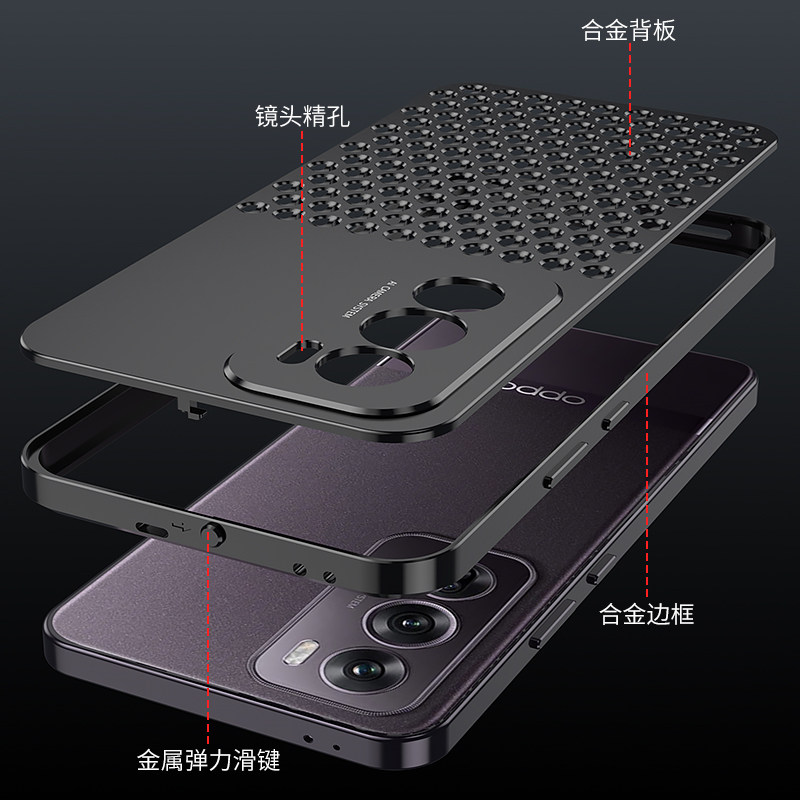 Oppo Reno12 Pro Full Aluminum Alloy Hollow Cooling Phone Case with Grid Lens, Full Coverage Honeycomb High-End Protective Case, Breathable Cooling, Anti-Drop Metal Case for Men and Women, New Ultra-Thin Model Suitable for Both Genders