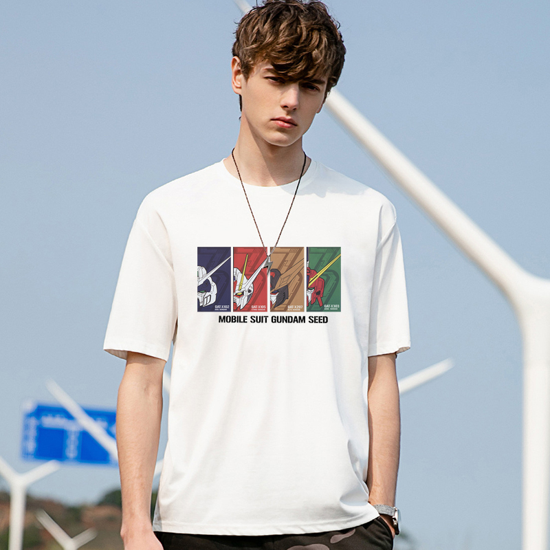 Gundam T-Shirt for Men, Co-Branded, Same Style as Students' Anime Mg Mobile Suit Clothing, Unicorn Mecha Style Short-Sleeve Summer Wear