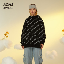 ACHS AWAKE Tide brand autumn and winter full print loose leisure couple personality print hooded sweater men and women pass